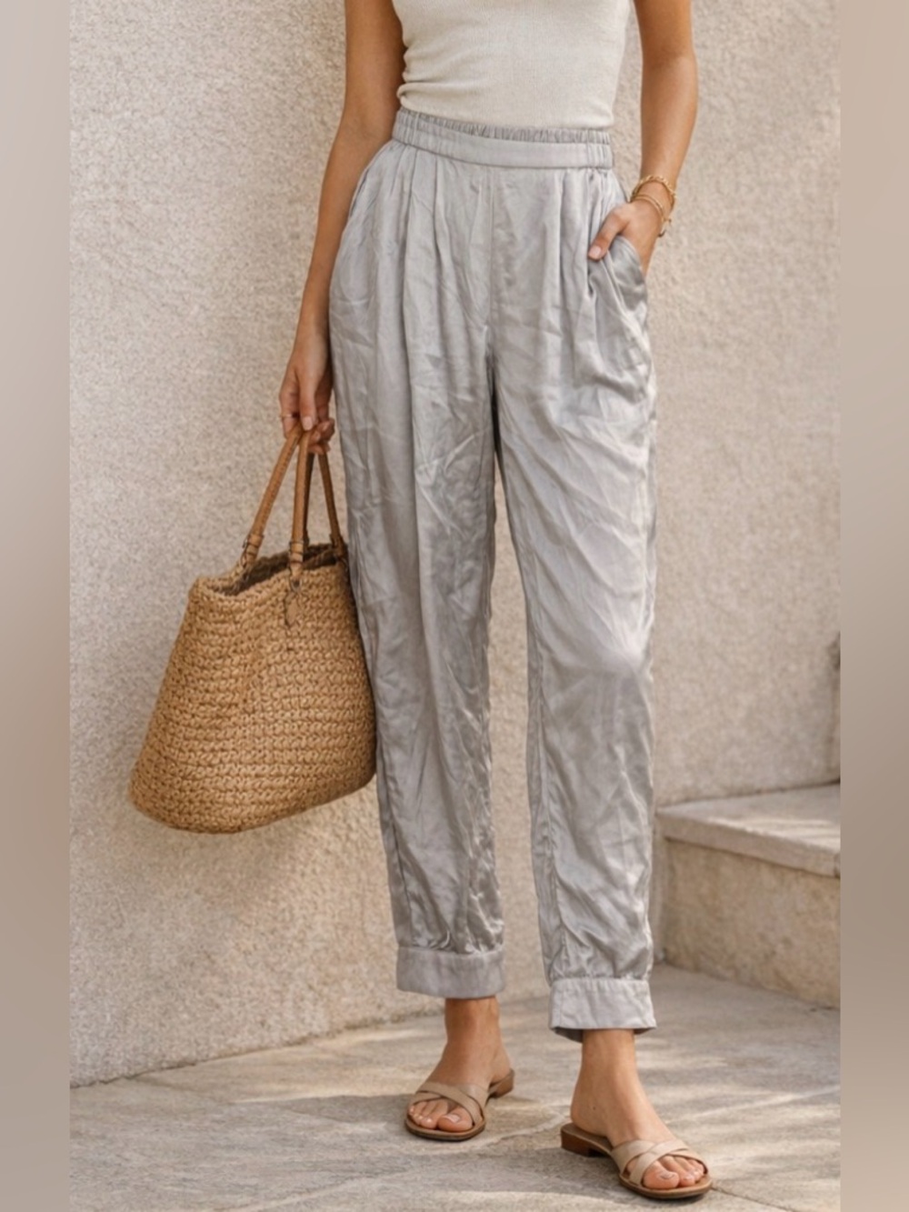 Anthropologie Light Gray Satin Relaxed Trousers